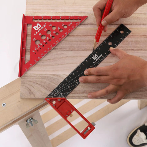 Top Shelf 12 Inch Aluminum Framing Carpenter Square With Retractable Ledge And Scribe Pin No Fuss Lightweight Rust Proof Woodworking Try Square Layout Tool For Pro Roofing in use on wood.