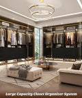 Black 7.2 Ft Wood Closet System Organizer, Set of 4 Modular Wardrobe Units with Hanging Rods in a spacious closet.
