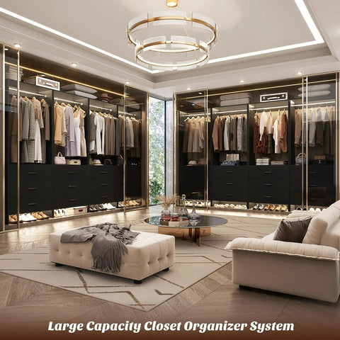 Black 7.2 Ft Wood Closet System Organizer, Set of 4 Modular Wardrobe Units with Hanging Rods in a spacious closet.