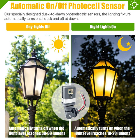 Two Pack Waterproof Photocell Sensors For Outdoor Lights, 120V AC 50 60Hz, 16 Gauge Wire With Swivel Mount, Dusk To Dawn Photoelectric Switch illustration