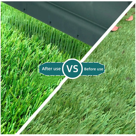 Artificial Lawn Rake With Telescopic Pole And Ergonomic Handle for Quick Debris Removal showing before and after use on synthetic grass.