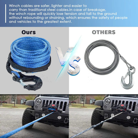 Comparison of Five Sixteenth Inch 50 Foot Synthetic Winch Rope 13000 Lbs with protective sleeve and steel cable for off-road use.