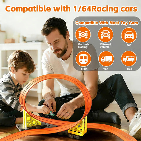 Father and son playing with Totally Flexible 15 Foot Race Track Set For Kids 3 Plus Bendable Car Ramp Track With Suction Cups