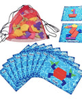 Floating Underwater Dive Set For Pool And Beach Fun with colorful pieces in a red mesh bag and puzzle cards for kids.