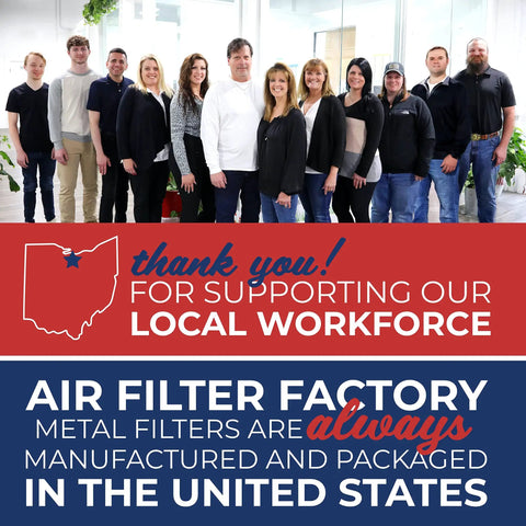 Air Filter Factory employees with sign thanking for supporting local U.S. workforce, promoting Aluminum HVAC Air Filter Replacement production.