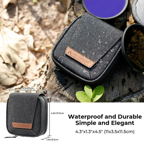 Super Handy Waterproof Camera Lens Filter Pouch holds up to four 95mm ND UV CPL Solar filters on a tree stump surface.