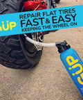 Quick Fix Tire Sealant And Inflator 2 Pack For Tubeless And Tubed Tires used on motorcycle wheel with attached schrader valve