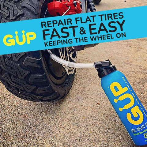 Quick Fix Tire Sealant And Inflator 2 Pack For Tubeless And Tubed Tires used on motorcycle wheel with attached schrader valve