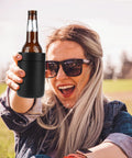 Woman holding a black Stainless Steel 12oz Vacuum Insulated Can And Bottle Cooler Keeps Ya Drinks Ice Cold With Double Wall Construction Copper Plated Chiller Metal Cooler For Cans And Bottles