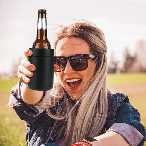 Woman holding a black Stainless Steel 12oz Vacuum Insulated Can And Bottle Cooler Keeps Ya Drinks Ice Cold With Double Wall Construction Copper Plated Chiller Metal Cooler For Cans And Bottles