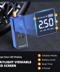 On The Go Portable Tire Inflator Air Compressor With Digital Gauge 160 PSI showing LED display and tire in use.