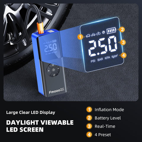 On The Go Portable Tire Inflator Air Compressor With Digital Gauge 160 PSI showing LED display and tire in use.