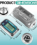 Dope Fuel Flow Meter With One Inch Inlet And Three Quarter Inch Adapters, Real Time LCD Readout, Accurate To One Percent, Cumulative Flow Counter, Instant Readouts, Easy Inline Installation For Gas Systems. Product dimensions shown