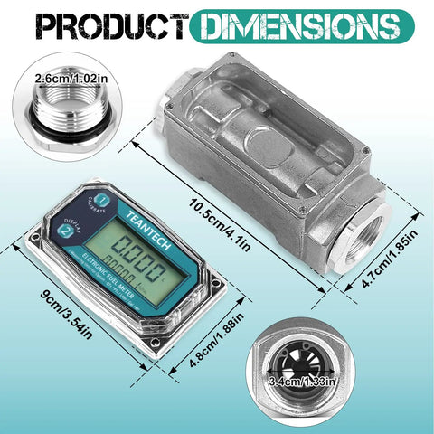 Dope Fuel Flow Meter With One Inch Inlet And Three Quarter Inch Adapters, Real Time LCD Readout, Accurate To One Percent, Cumulative Flow Counter, Instant Readouts, Easy Inline Installation For Gas Systems. Product dimensions shown
