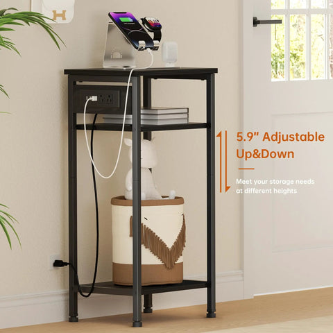 Tall Nightstand With Charging Station And Outlets, 3 Tier Narrow End Table With Ample Storage, Slim Side Table With USB Ports