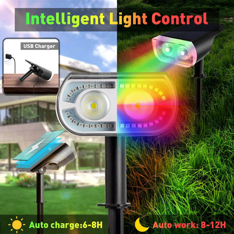 Outdoor Solar Spotlight Kit 4 Pack With 38 LEDs, Color Changing RGB Lights, garden scene, USB charger, dual spotlight