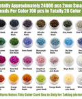 Huge 24000Pcs Glass Seed Beads Kit, 2Mm Beads in 28 Colors, image showing labeled jars of colorful beads.