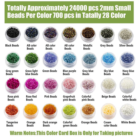 Huge 24000Pcs Glass Seed Beads Kit, 2Mm Beads in 28 Colors, image showing labeled jars of colorful beads.