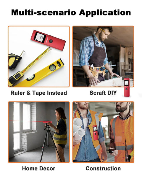 165ft Laser Distance Meter With 1/8 Inch Accuracy, IP54 Handy Laser Measure Tool For DIY Indoor Projects, Ft/In/FT/In/M Units, Great For Quick Area And Volume Calculations, Long Battery Life On 2 AAA Batteries shown in multi-use scenes