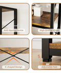 Features of Straight Up Solid Five Tier Corner Bookshelf L Shaped Large Bookcase Rustic Brown, showing anti-tipping device and adjustable feet.