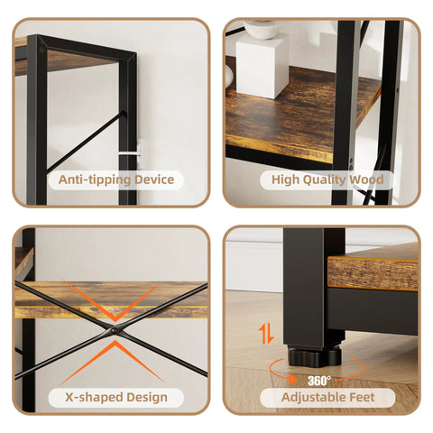 Features of Straight Up Solid Five Tier Corner Bookshelf L Shaped Large Bookcase Rustic Brown, showing anti-tipping device and adjustable feet.