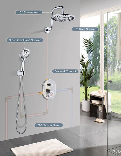Shower Faucet Set With Rainfall Shower Head And Handheld Spray, Dope Chrome Shower System, Valve Trim Kit, 79 Inch Hose shown installed
