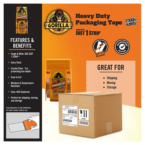 Tough And Wide Packing Tape With Dispenser For Moving And Shipping, Crystal Clear 2.83 Inch By 20 Yard features and benefits image