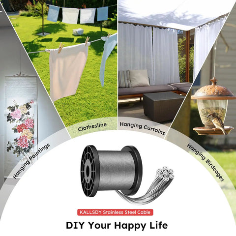Image showing Pro Grade Wire Rope Crimping Tool Kit With 328 Ft Stainless Cable used for hanging paintings, clothes, curtains, and birdcages outdoors.