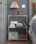 450 Lb Wire Storage Shelving Rack 3 Tier Steel Organizer For Home Kitchen Office Chrome Finish Sturdy Metal Shelving Unit 11.8 Inch Deep 17.7 Inch Wide 26.4 Inch High used as a bedside table with books and decor.