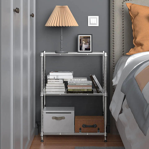 450 Lb Wire Storage Shelving Rack 3 Tier Steel Organizer For Home Kitchen Office Chrome Finish Sturdy Metal Shelving Unit 11.8 Inch Deep 17.7 Inch Wide 26.4 Inch High used as a bedside table with books and decor.