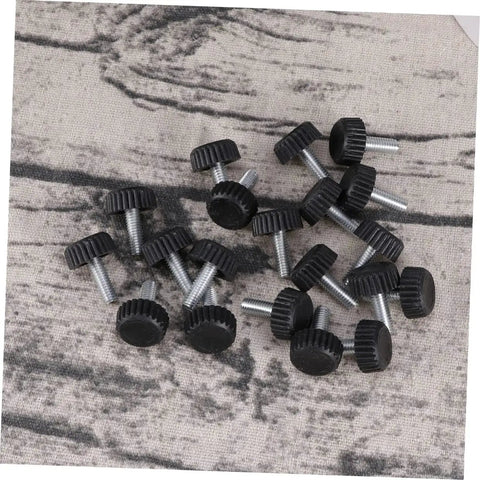 20 Pc Adjustable Furniture Feet With Threaded Plastic Glides No Sweat Setup Floor Savers showing black and silver threaded glides on fabric surface.