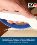 Handheld Tungsten Carbide Knife Sharpener in use on wooden surface, restoring kitchen blades quickly and efficiently.