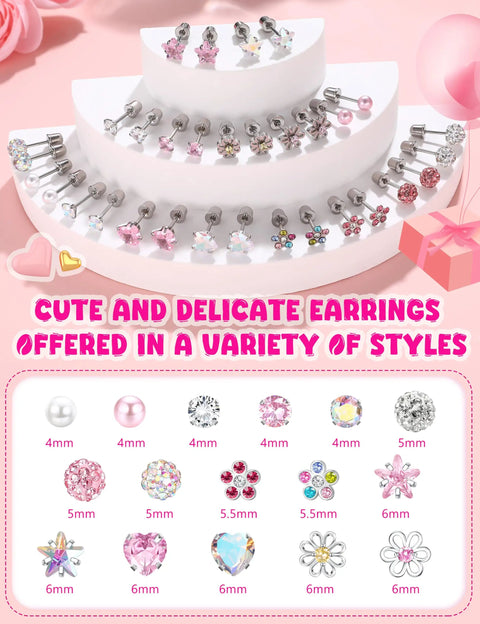 16 Pairs Hypoallergenic Screw Back Earrings Set For Girls And Kids Featuring CZ Studs, Pearl, Heart, Star, Flower And Ball Designs In Stainless Steel, Super Cute And Safe For Sensitive Ears. 4-6mm stud set