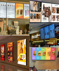 32 Inch Wall Mount Digital Signage Display With Straight Up Sharp 2K Feed And A Slim Frameless Body Built For Loud Shop Floors showcasing menus and promotions in a retail environment.