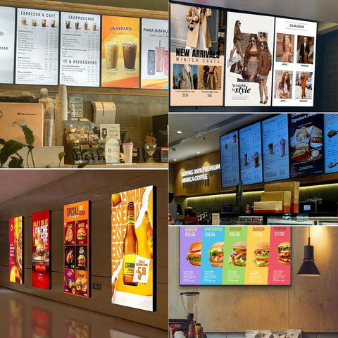 32 Inch Wall Mount Digital Signage Display With Straight Up Sharp 2K Feed And A Slim Frameless Body Built For Loud Shop Floors showcasing menus and promotions in a retail environment.