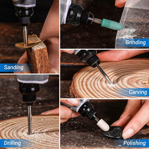 Snag This Hassle Free Mini Cordless Rotary Tool With Variable Speed And Type C Charging Includes A Complete Seventy Accessory Kit For Sanding Engraving Polishing Drilling Cutting Diy in use on wood and stone surfaces.