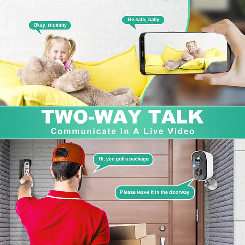 Battery Powered Outdoor Security Camera With Spotlight, 2K HD Wireless WiFi, AI Motion Detection And Recognition with two-way talk feature displayed in home use scenario.