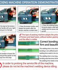 Cordless Electric Strapping Machine With Solid 4000Mah Battery Delivers Fast One Hand Auto Banding For 1/2 To 5/8 Inch Polypro Straps operation guide with tension and welding button steps.