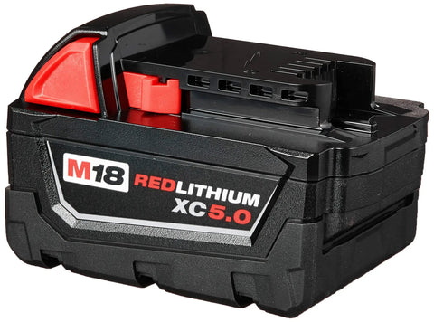 M18 RedLithium 5.0Ah Battery Pack With Fuel Gauge And RedLink Intelligence, side view showing fuel gauge and casing details
