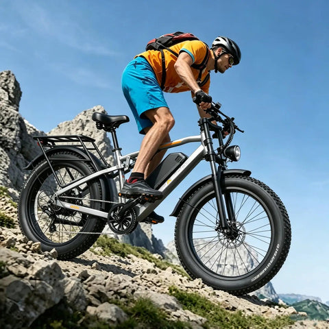 Rider on Powerful 2500W Peak Electric Fat Tire Bike for Adults with 52V 20Ah battery, dual suspension, climbing off-road terrain