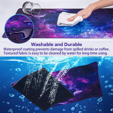 Huge Extended Gaming Mouse Pad Monster Size 31.5 By 15.7 Inches Full Desk Mat For Keyboard And Mouse Non Slip Rubber Base Ultra Wide Desk Pad For Gaming And Office Use, showing waterproof and washable fabric.
