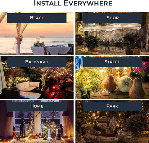 Solar Powered Fairy Lights Outdoor Waterproof 200 LEDs Copper Wire String Lights illuminating various locations.