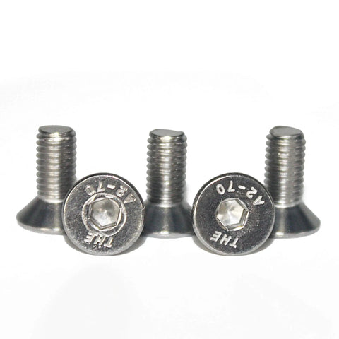 Pack Of 100 M4 X 12mm Stainless Steel Hex Drive Flat Head Machine Screws with flat heads for flush installation.