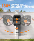 Retractable Garden Hose Reel With Wall Mount Heavy Duty 50 Ft Hose Half Inch 180 Degree Swivel System on white fence