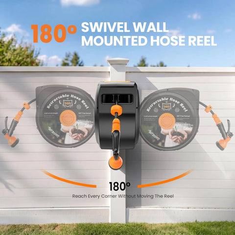 Retractable Garden Hose Reel With Wall Mount Heavy Duty 50 Ft Hose Half Inch 180 Degree Swivel System on white fence
