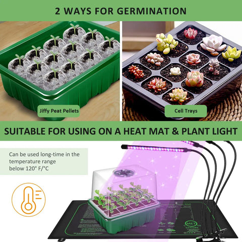 All In One Seed Starter Tray Kit 10 Pack With 120 Cells And Heightened Lids Humidity Dome For Indoor Gardening Seedlings Thickened Trays Great For Germination And Cuttings Green, shown with plant light and heat mat setup.