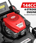 21 Inch Gas Lawn Mower With 140cc Engine 2 In 1 Mulching And Side Discharge 6 Position Height Adjustment Foldable Handles For Easy Yard Care And Garden Maintenance. 144cc 4-stroke engine close-up
