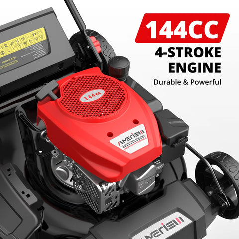 21 Inch Gas Lawn Mower With 140cc Engine 2 In 1 Mulching And Side Discharge 6 Position Height Adjustment Foldable Handles For Easy Yard Care And Garden Maintenance. 144cc 4-stroke engine close-up