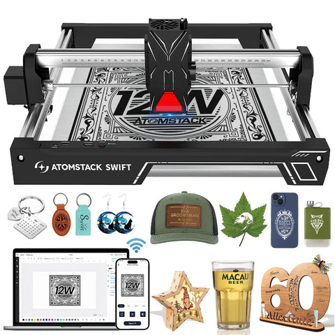 Swift 12W Laser Engraver For Beginners, Class 4 Laser Cutter, 300x300mm Working Area, shown with engraved items.