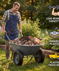 Man using Heavy Duty Garden Wheelbarrow Cart With Dual Wheels And Built In Stand For Easy Hauling Of Tools Soil Mulch And Yard Essentials